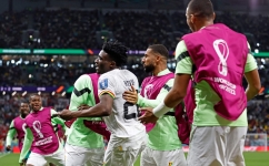 Ghana's Mohammed Kudus celebrates scoring the third goal with his teammates during the Qatar 2022 World Cup Group H match against South Korea at the Education City Stadium in Al-Rayyan on November 28, 2022. (Photo by Khaled DESOUKI / AFP)