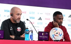 Qatar coach Felix Sanchez and defender Ismail Mohammed address a Press conference at the Qatar National Convention Center on November 24: AFP/Karim Jaafar