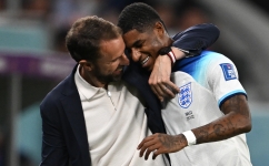 England coach Gareth Southgate congratulates Marcus Rashford as he is substituted after scoring two goals against Wales: AFP/Paul Ellis
