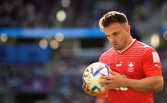 Switzerland's midfielder Xherdan Shaqiri holds the ball during the Qatar 2022 World Cup Group G match against Cameroon at the Al-Janoub Stadium in Al-Wakrah, on November 24, 2022. (Photo by Kirill KUDRYAVTSEV / AFP)