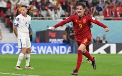Gavi celebrates after scoring Spain's fifth goal against Costa Rica: AFP