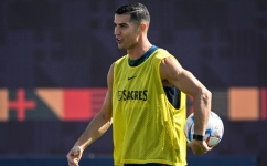 Portugal's forward Cristiano Ronaldo takes part in a training session at the Al Shahaniya SC training site in Al Samriya, northwest of Doha, on November 22, 2022.  (Photo by PATRICIA DE MELO MOREIRA / AFP)