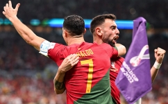 Bruno Fernandes and Cristiano Ronaldo celebrate Portugal’s first goal against Uruguay: AFP/Kirill Kudryavtsev