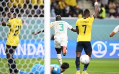Senegal's defender Kalidou Koulibaly (second right) celebrates scoring his team's second goal during the Qatar 2022 World Cup Group A match against Ecuador at the Khalifa International Stadium in Doha on November 29, 2022. (Photo by Raul ARBOLEDA / AFP)