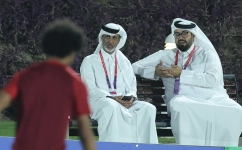 Qatar Football Association President HE Sheikh Hamad bin Khalifa bin Ahmed Al Thani, left, and Qatar national team manager Talal Al Kaabi attend a training session in Doha on November 16: AFP/Karim Jaafar