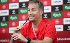 Denmark's coach Kasper Hjulmand gives a press conference at the Al Sailiya SC in Ar-Rayyan on November 23, 2022, during the Qatar 2022 World Cup football tournament. (Photo by Natalia KOLESNIKOVA / AFP)