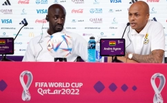 Ghana's coach Otto Addo (left) and midfielder Andre Ayew attend a press conference at the Qatar National Convention Center (QNCC) in Doha on November 23, 2022. (Photo by Khaled DESOUKI / AFP)