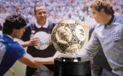 The football used by Maradona to score the 'Hand of God' goal at the 1986 World Cup quarter-final between Argentina and England before its auction. Photograph: Matt Alexander/PA