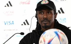 Senegal's coach Aliou Cisse attends a press conference at the Qatar National Convention Center (QNCC) in Doha on November 24, 2022, on the eve of the Qatar 2022 World Cup football match between Qatar and Senegal. (Photo by OZAN KOSE / AFP)