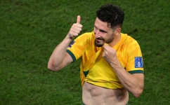 Mathew Leckie celebrates after scoring Australia’s only goal against Denmark: AFP/Nicolas Tucat