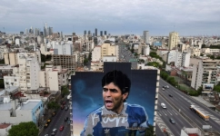 General view of a mural depicting late soccer legend Diego Armando Maradona, which will be presented on the anniversary of Maradona, the 30th of October, in Buenos Aires, Argentina October 19, 2022. REUTERS/Tomas Cuesta