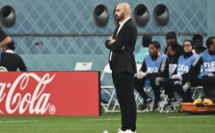 Morocco's coach Walid Regragui reacts during the Qatar 2022 World Cup third place play-off match against Croatia at Khalifa International Stadium in Doha on December 17, 2022. (Photo by Jewel SAMAD / AFP)