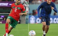 This combination picture created on December 12, 2022 during the FIFA World Cup shows Morocco's Achraf Hakimi (left) on December 6, 2022 and France's Kylian Mbappe in Doha on November 30, 2022.  (Photo by Jack GUEZ and Franck FIFE / AFP)