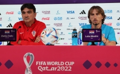 Croatia's coach Zlatko Dalic (left) and midfielder Luka Modric hold a press conference at the Qatar National Convention Center (QNCC) in Doha on December 8, 2022. (Photo by JACK GUEZ / AFP)