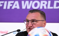 Poland's coach Czeslaw Michniewicz gives a press conference at the Qatar National Convention Center (QNCC) in Doha on December 3, 2022. (Photo by ANDREJ ISAKOVIC / AFP)