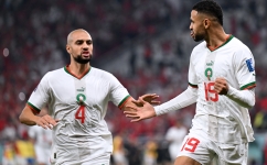 Morocco’s Youssef En-Nesyri, right, celebrates with team-mate Sofyan Amrabat after scoring against Canada: AFP/Natalia Kolesnikova