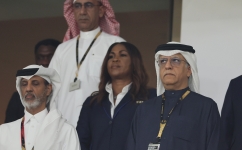 Shaikh Salman bin Ebrahim Al Khalifa, right, attends the Morocco vs Portugal World Cup quarterfinal at the Al Thumama Stadium in Doha on December 10, 2022: AFP/Karim Jaafar