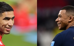 Moroccan star Achraf Hakimi, left, and French ace Kylian Mbappe: AFP/Karim Jaafar and Gabriel Bouys
