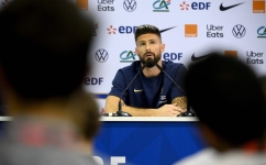 France's forward Olivier Giroud gives a press conference at the Jassim-bin-Hamad Stadium in Doha on December 6, 2022. (Photo by FRANCK FIFE / AFP)