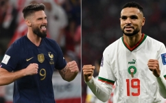 This combination of file pictures created on December 12, 2022 shows France's Olivier Giroud and Morocco's forward Youssef En-Nesyri.  (Photo by FRANCK FIFE and Patrick T. FALLON / AFP)