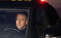 German head coach Hans-Dieter 'Hansi' Flick in his car leaves the Kempinski Hotel in Frankfurt am Main on December 7, 2022, after talks with DFB officials. (Photo by Boris Roessler / dpa / AFP) / Germany OUT