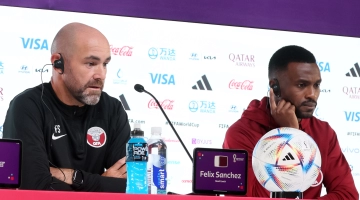 Qatar coach Felix Sanchez and defender Ismail Mohammed address a Press conference at the Qatar National Convention Center on November 24: AFP/Karim Jaafar