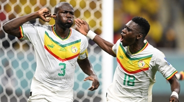 Senegal’s Kalidou Koulibaly, left, and a team-mate celebrate after the former scored their winning goal against Ecuador: AFP/Raul Arboleda