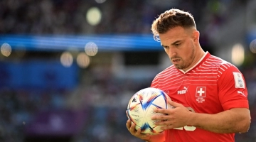 Switzerland's midfielder Xherdan Shaqiri holds the ball during the Qatar 2022 World Cup Group G match against Cameroon at the Al-Janoub Stadium in Al-Wakrah, on November 24, 2022. (Photo by Kirill KUDRYAVTSEV / AFP)