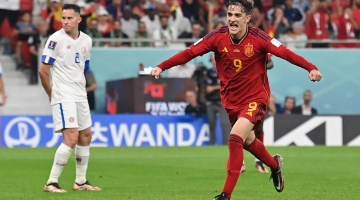 Gavi celebrates after scoring Spain's fifth goal against Costa Rica: AFP