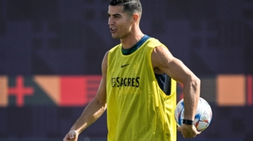 Portugal's forward Cristiano Ronaldo takes part in a training session at the Al Shahaniya SC training site in Al Samriya, northwest of Doha, on November 22, 2022.  (Photo by PATRICIA DE MELO MOREIRA / AFP)