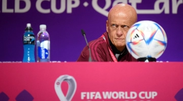 FIFA referees committee chairman Pierluigi Collina addresses a press conference at the Qatar National Convention Center (QNCC) in Doha on November 18, 2022, ahead of the Qatar 2022 World Cup football tournament. (Photo by Anne-Christine POUJOULAT / AFP)