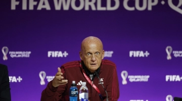 Chairman of the FIFA referees committee, Pierluigi Collina during the FIFA World Cup Qatar 2022 referees media briefing at the Main Media Center, Doha, on November 18, 2022.  AFP.