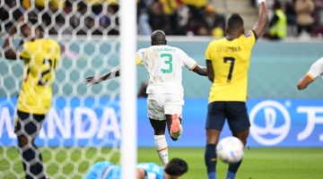 Senegal's defender Kalidou Koulibaly (second right) celebrates scoring his team's second goal during the Qatar 2022 World Cup Group A match against Ecuador at the Khalifa International Stadium in Doha on November 29, 2022. (Photo by Raul ARBOLEDA / AFP)