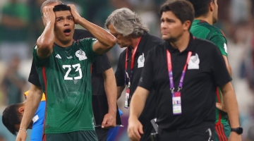 Mexico's Jesus Gallardo looks dejected after being eliminated from the World Cup at the Lusail Stadium, Lusail, Qatar, on December 1, 2022  REUTERS/Matthew Childs