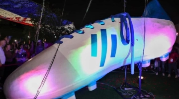 The world's biggest football boot at its unveiling at Katara Cultural Village on November 14, 2022.