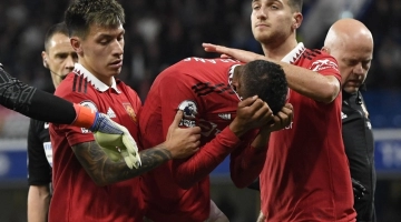 France international and Manchester United defender Raphael Varane in tears after sustaining injury during the Premier League Match against Chelsea at the Stamford Bridge in London on October 22, 2022.