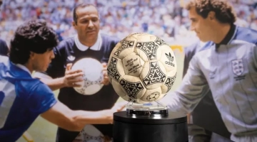 The football used by Maradona to score the 'Hand of God' goal at the 1986 World Cup quarter-final between Argentina and England before its auction. Photograph: Matt Alexander/PA