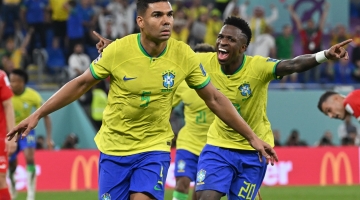 Brazil’s Casemiro, left, Vinicius Junior celebrate after the former scored their winner against Switzerland: AFP/Nelson Almeida