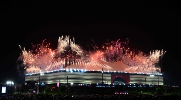 A photo shows a fireworks display during the opening ceremony ahead of the Qatar 2022 World Cup Group A football match between Qatar and Ecuador at the Al-Bayt Stadium in Al Khor, north of Doha on November 20, 2022. (Photo by Miguel MEDINA / AFP)