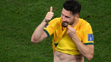 Mathew Leckie celebrates after scoring Australia’s only goal against Denmark: AFP/Nicolas Tucat