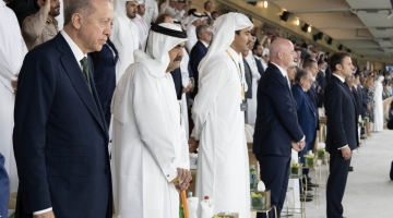 The Amir HH Sheikh Tamim bin Hamad Al-Thani and HH the Father Amir Sheikh Hamad bin Khalifa Al-Thani with a number of their Excellencies Presidents and Heads of States at the Lusail Stadium on Sunday.