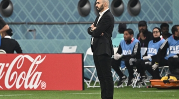 Morocco's coach Walid Regragui reacts during the Qatar 2022 World Cup third place play-off match against Croatia at Khalifa International Stadium in Doha on December 17, 2022. (Photo by Jewel SAMAD / AFP)