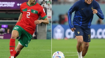 This combination picture created on December 12, 2022 during the FIFA World Cup shows Morocco's Achraf Hakimi (left) on December 6, 2022 and France's Kylian Mbappe in Doha on November 30, 2022.  (Photo by Jack GUEZ and Franck FIFE / AFP)