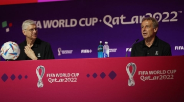 FIFA Chief of Global Football Development Arsene Wenger and Technical Study Group member Jurgen Klinsmann during a FIFA World Cup Qatar 2022  press conference at the Main Media Center, Doha, Qatar, on November 19, 2022.  Reuters