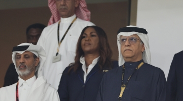 Shaikh Salman bin Ebrahim Al Khalifa, right, attends the Morocco vs Portugal World Cup quarterfinal at the Al Thumama Stadium in Doha on December 10, 2022: AFP/Karim Jaafar
