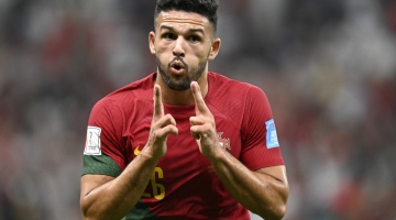 Portugal's Goncalo Ramos celebrates scoring his team's first goal during the Qatar 2022 World Cup round of 16 match against Switzerland at Lusail Stadium in Lusail on December 6, 2022. (Photo by PATRICIA DE MELO MOREIRA / AFP)