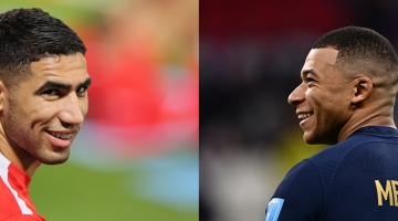Moroccan star Achraf Hakimi, left, and French ace Kylian Mbappe: AFP/Karim Jaafar and Gabriel Bouys