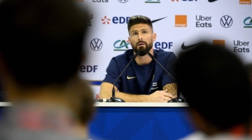 France's forward Olivier Giroud gives a press conference at the Jassim-bin-Hamad Stadium in Doha on December 6, 2022. (Photo by FRANCK FIFE / AFP)