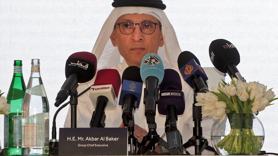 Qatar Airways CEO HE Akbar Al Baker speaks to members of the media at the central concourse building of Hamad International Airport on November 10, 2022. AFP: Karim Jaafar