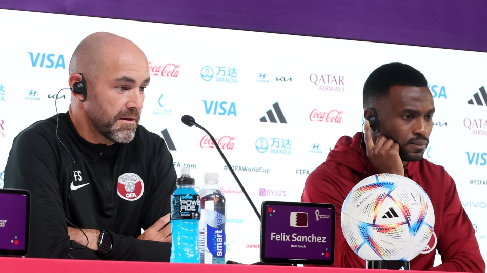 Qatar coach Felix Sanchez and defender Ismail Mohammed address a Press conference at the Qatar National Convention Center on November 24: AFP/Karim Jaafar